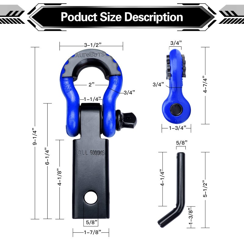 AUTOBOTS Shackle Hitch Receiver 2", 45,000 Lbs Break Strength Heavy Duty Receiver with 5/8" Screw Pin, 3/4" D Ring Shackles, Towing Accessories for Vehicle Recovery Off-Road, Blue&Black - Image 3